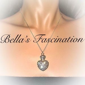 Rhinestone Crowned Heart Tiara Necklace Silver